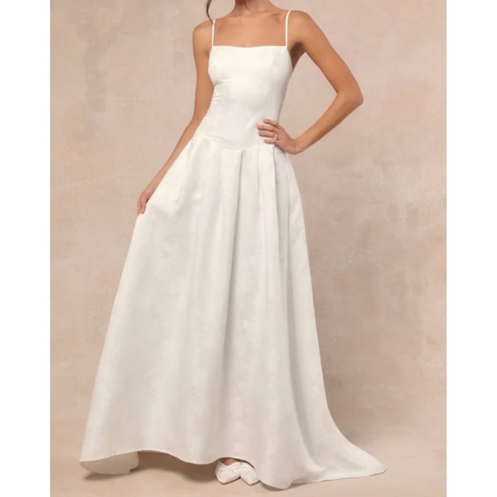 Lulus‎ Arabella White Jacquard Basque Waist Maxi Dress Lace Up Back Womens M NEW